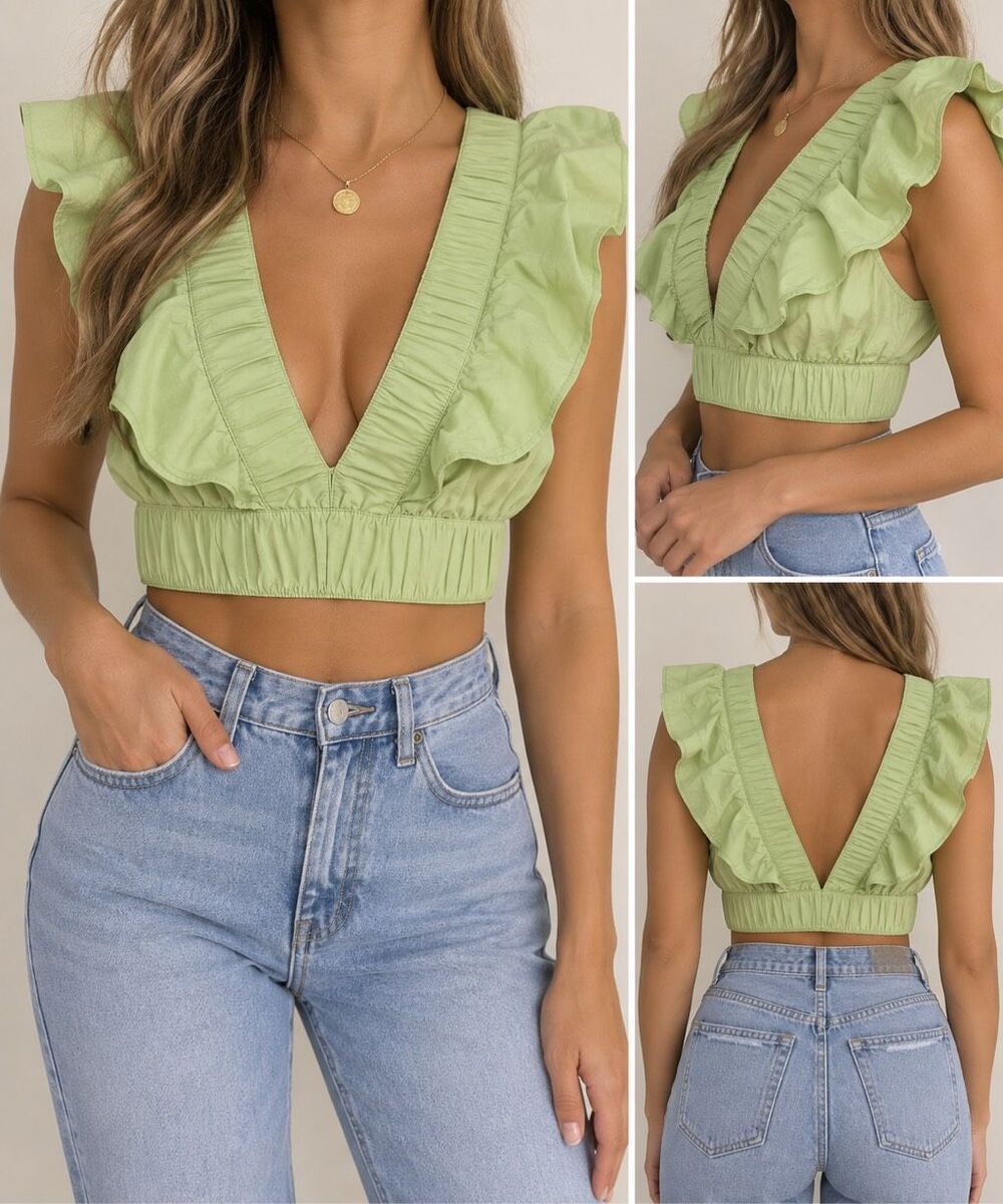 Abercrombie & Fitch Ruffle Crop Top Small Green Deep V Cottagecore